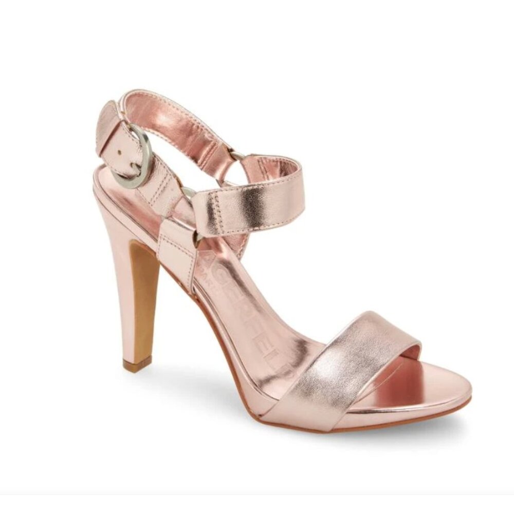 Karl Lagerfeld Women's Rose Gold Metallic Leather Strappy Heels Sz 9.5/40